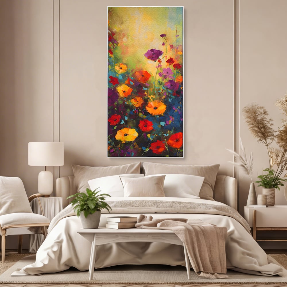 Tablou canvas cu pictura camp cu flori colorate, in rama de aluminiu argintiu, pe perete intr-un dormitor